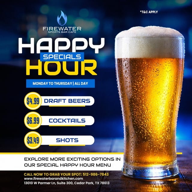 Happy Hour Specials in Cedar Park TX | Firewater Sports Bar & Cafe