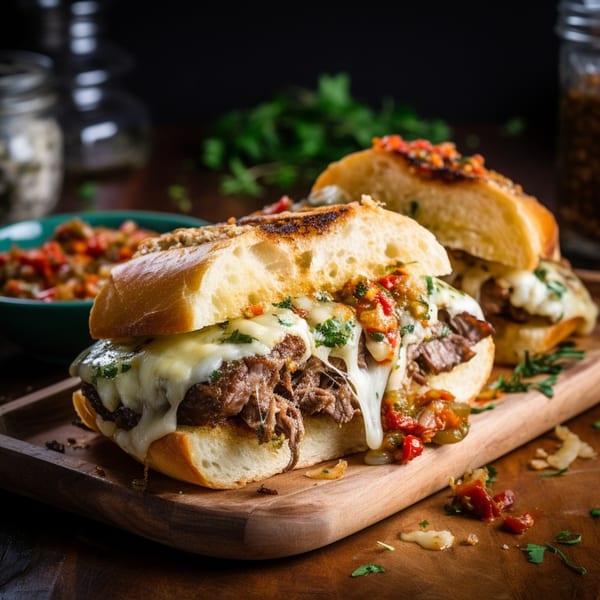 Two cheesy Firewater Sports Bar Cafe steak sandwiches with peppers and onions on a wooden board.
